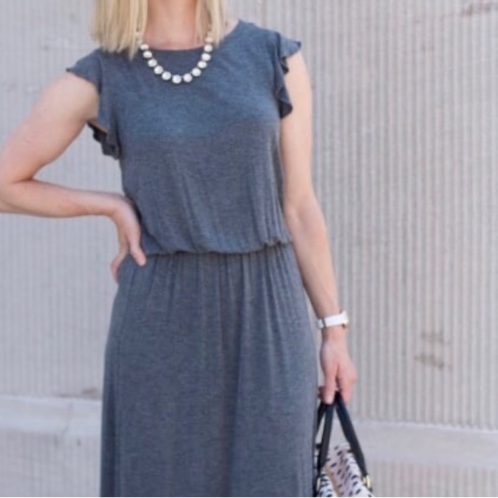 LOFT Women Ruffle Sleeve Grey Midi Dress | XS